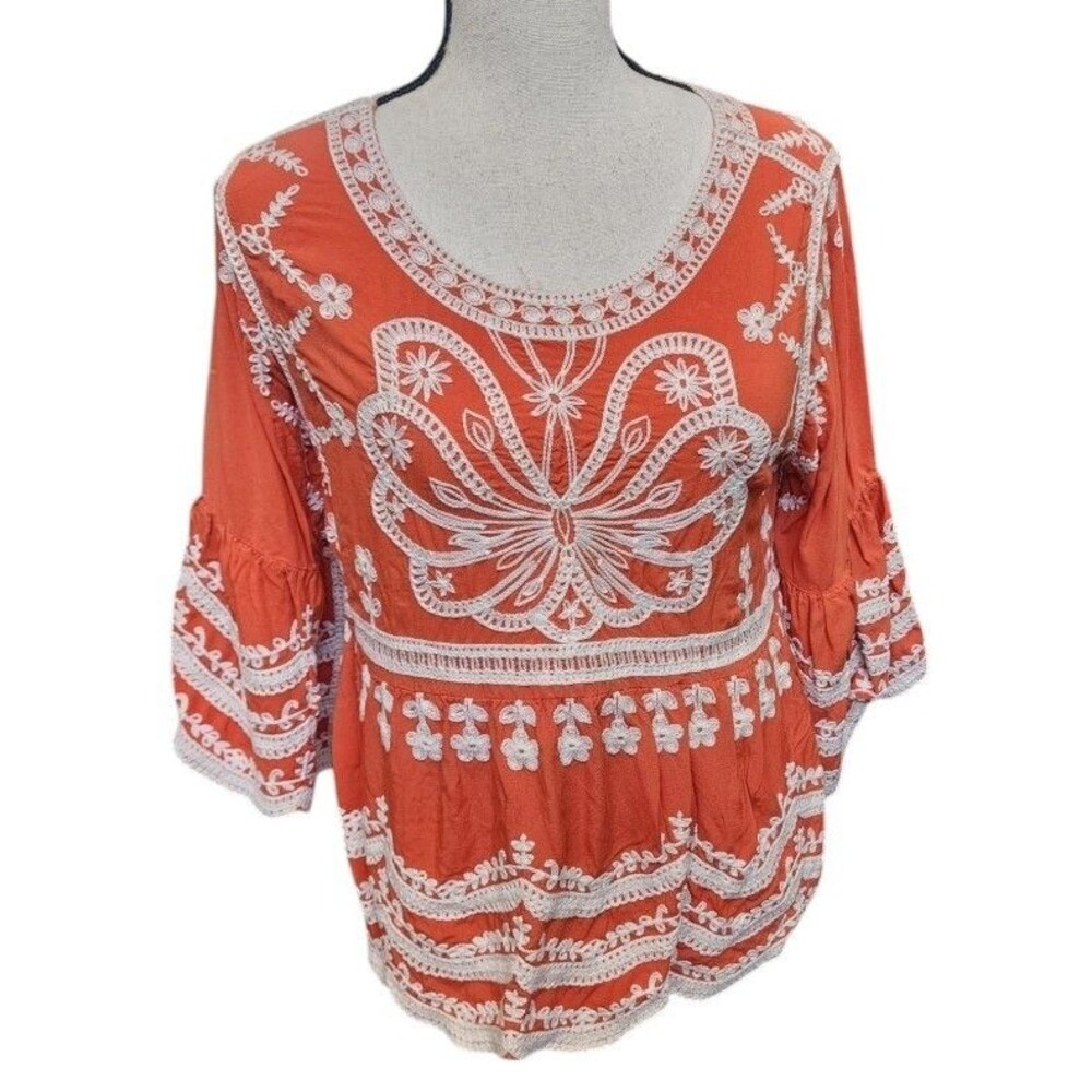 Ana & Rose Embroidered Rayon Boho Blouse Burnt Orange bell Sleeves Size XL